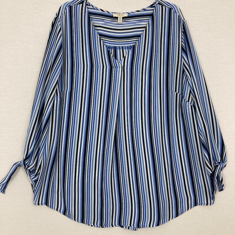 Como Blu Blue Striped V Neck Tie Sleeve Soft‎ Lightweight Blouse 3X Preppy